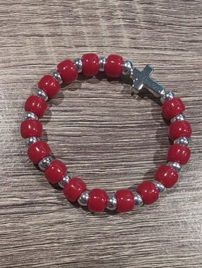 Red Beaded Stretch Bracelet with Silver Cross